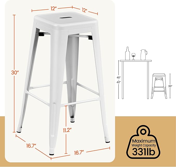 Yaheetech 30 Inch Metal Bar Stools Set of 4, Bar Height Backless Bartools, Industrial Stackable Bar Chairs with Footrest for Kitchen/Dining Room/Bistro/Patio, White