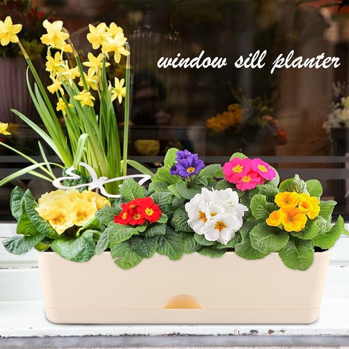 6 Pack Rectangle Planter 16x4.4 Inch Window Boxes Planters Rectangular Large Window Sill Planters Indoor Self Watering Plant Pots with Drainage Holes and Saucers Succulent Herb Flower Pots, Beige