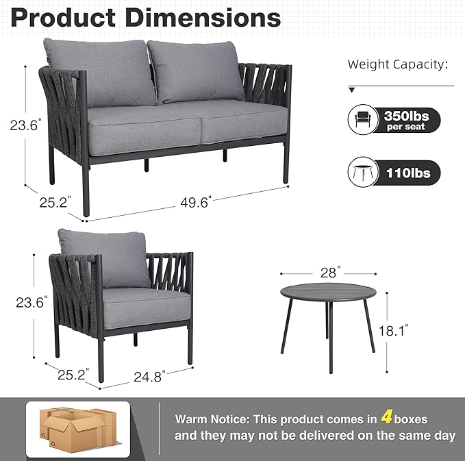 4 Piece Patio Furniture Set, Modern Patio Conversation Set, Outdoor Furniture with Table, Outdoor Sofa with Washable and High-Resiliency Sponge Cushions, Grey