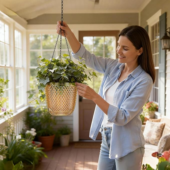 QCQHDU Self Watering Hanging Pots, 2 Pack 7.2 Inch Hanging Planters for Plants Indoor, Outdoor Flower Pots with Drainage Holes and 3 Hooks Chains for Garden Home (Gold)