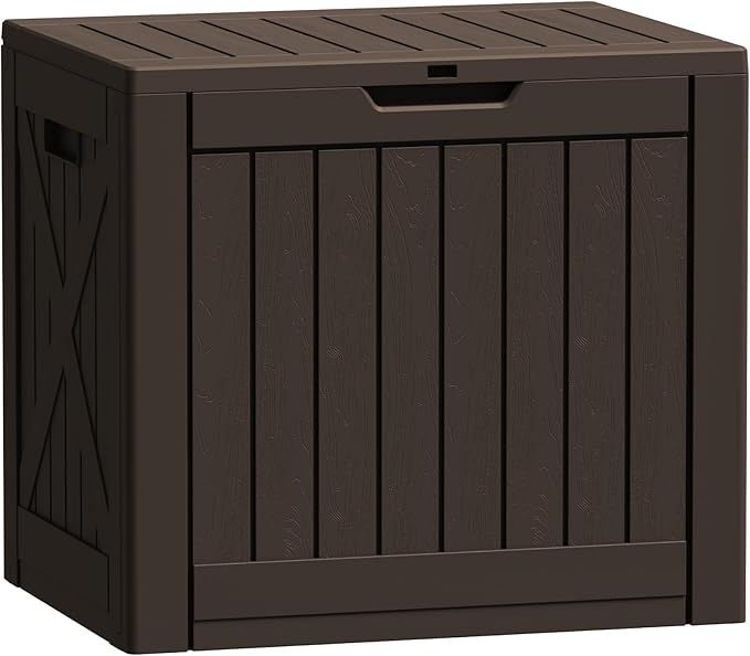 Flamaker Resin Deck Box 40 Gallon Waterproof Outdoor Indoor Storage Box Imitation Wood Resin for Patio Furniture Garden Tools and Pool (Deep Brown)