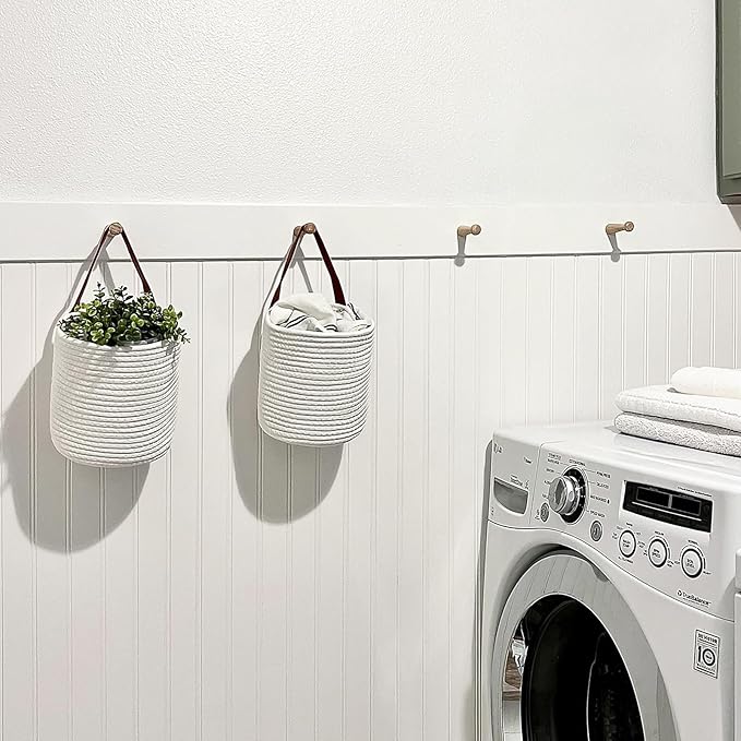 Goodpick 2pack Rope Hanging Basket - Small Round Hanging Baskets Storage for Key, Sunglasses, Wallet on Door - Modern Woven Baskets Wall Decor for Plant, White Cotton Basket 7.87 x 7 x 11.7 inches