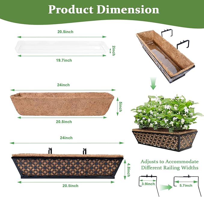 hehimhis Window Planter Box with Adjustable Bracket and Coco Liner for Porch, 24 Inch 4 Pack Balcony Planters Railing Hanging,Fence, Patio Hanging Planters for Garden Outdoor