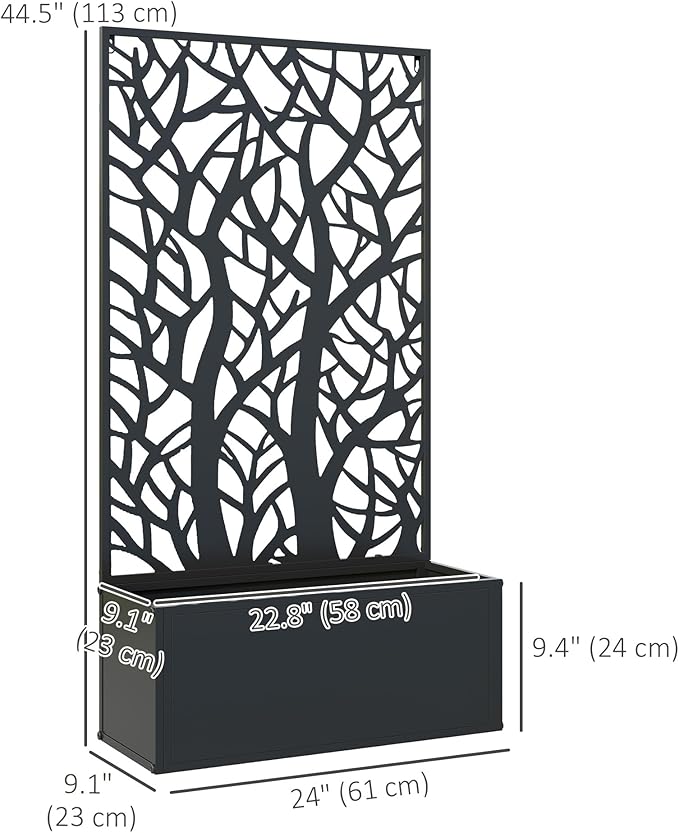 Outsunny Metal Raised Garden Bed with Trellis for Climbing Plants, Freestanding or Wall Mounted Flower Bed with Privacy Panel, Two Big Tree Cut-Outs Outdoor Planter Box for Garden, Patio, Balcony