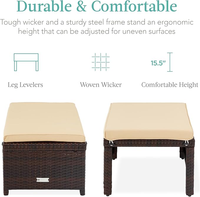 Best Choice Products Set of 2 Wicker Ottomans, Multipurpose Outdoor Furniture for Patio, Backyard, Additional Seating, Footrest, Side Table w/Removable Cushions, Steel Frame - Brown/Tan