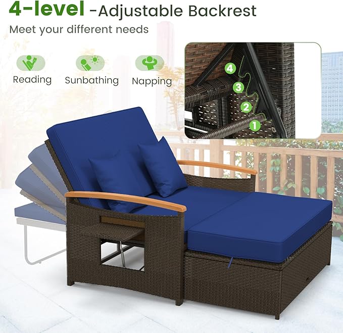 Tangkula Patio Rattan Daybed with 4-Level Adjustable Backrest, Outdoor Wicker Loveseat with Acacia Wood Armrest, Storage Ottoman & Folding Tray, Double Sunbed for Balcony, Backyard & Poolside (Navy)
