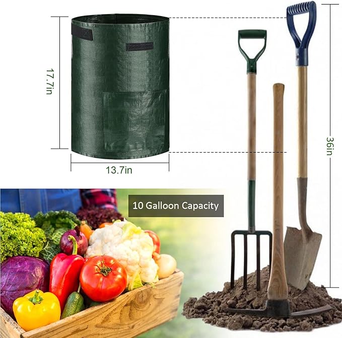 JJGoo Potato Grow Bags, 4 Pack 10 Gallon with Flap and Handles Planter Pots for Onion, Fruits, Tomato, Carrot - Green