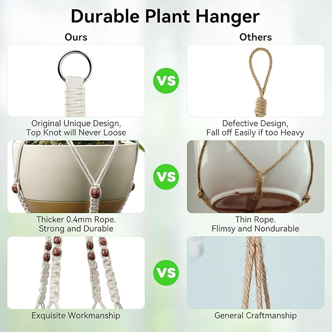 USLAI Macrame Plant Hanger Indoor Outdoor, Fits 4 to 15 Inch Pots, Strong Hanging Planter Holder, Boho Home Decor, 35+35 Inch, Ivory+Red Bead, Set of 2 (POTS NOT Included)