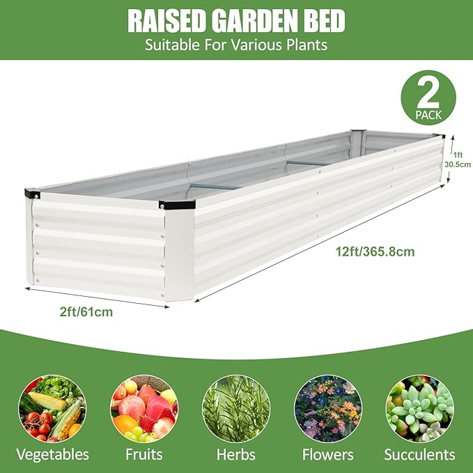 Galvanized Raised Garden Bed Outdoor | Metal Raised Garden Bed for Gardening 2Pack | Large Planter Box for Vegetables Flowers Fruits | Easy Assembly & Safety Design Flower Beds 12x2x1ft White