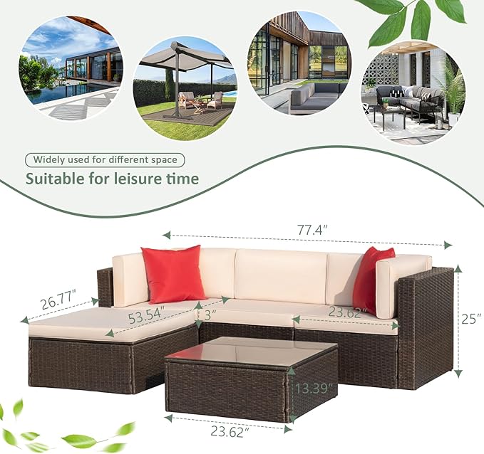 Devoko 5 Pieces Patio Furniture Sets All Weather Outdoor Sectional Patio Sofa Manual Weaving Wicker Rattan Patio Seating Sofas with Cushion and Glass Table (Beige)