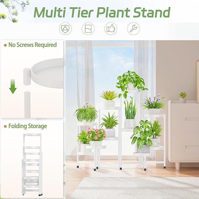 iDavosic.ly Plant Stand Indoor Outdoor, 10 Tier Corner Metal Flower Display Holder Shelf, Easy Assembly Folding Tall Orchid Rack for Patio Balcony Porch Garden Living Room House, White