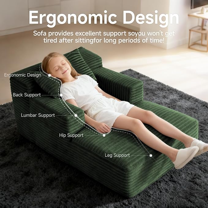 45'' Chaise Lounge Chair Indoor, Corduroy Upholstered Boneless Sofa Bed, Deep Seat Sleeper Couch Reading Chairs, Small Comfy Cloud Sofas Couches for Living Room, Bedroom, Movie Room (Green)