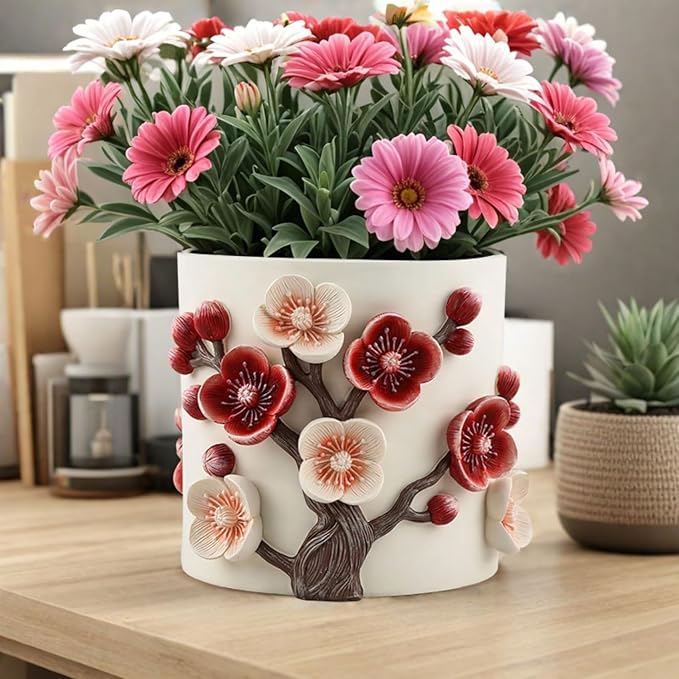Flower Pot, 5 Inch Cute Plant Pots with Plum Blossom Design, Resin Decorative Flower Pots with Drainage for Indoor Plants, Succulents, Home and Garden Decor