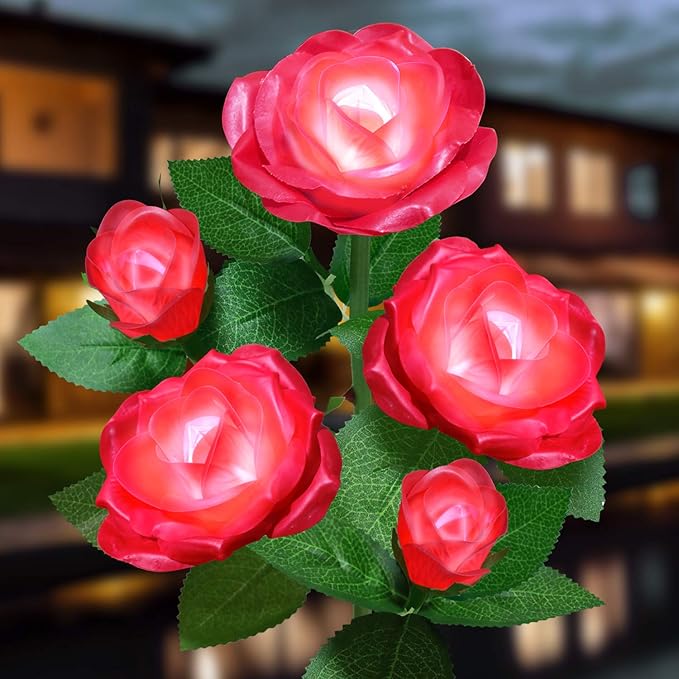 Solar Flower Lights Outdoor - Upgraded New Material Two Modes Realistic LED Solar Powered Waterproof Lights with 5 Roses, Solar Decorative Stake Lights for Garden (Red, 1 Pack)