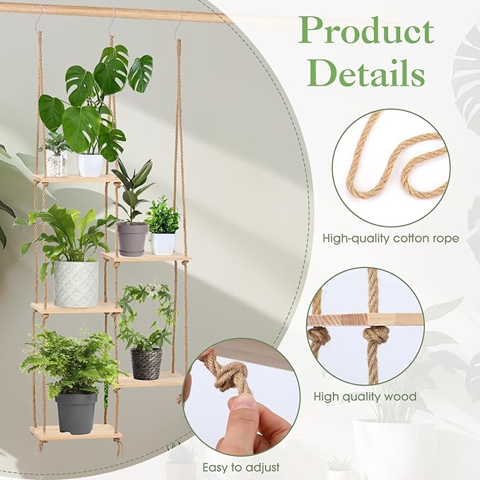 Novabright Window Hanging Plant Shelf with Wooden Shelves Macrame Rope Hanging Plant Stand with 3 S Hooks for Indoor Outdoor Bedroom Window Sill Balcony Boho Decor (Natural Wood Color,1 Pcs)