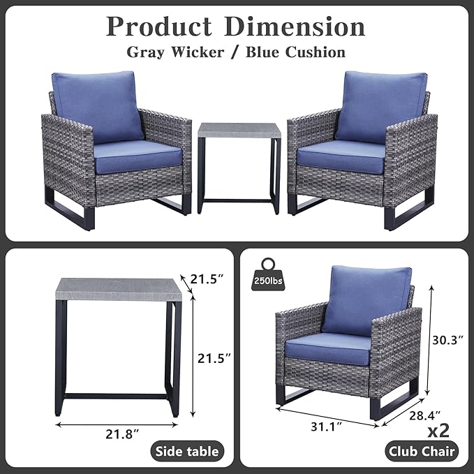Belord Outdoor Bistro Set 3 Piece Outdoor Wicker Patio Chairs, Oversize Outdoor Rattan Seating Set, All-Weather Chairs Wicker Furniture with Metal Side Table and Water-Resistant Cushion for Outside