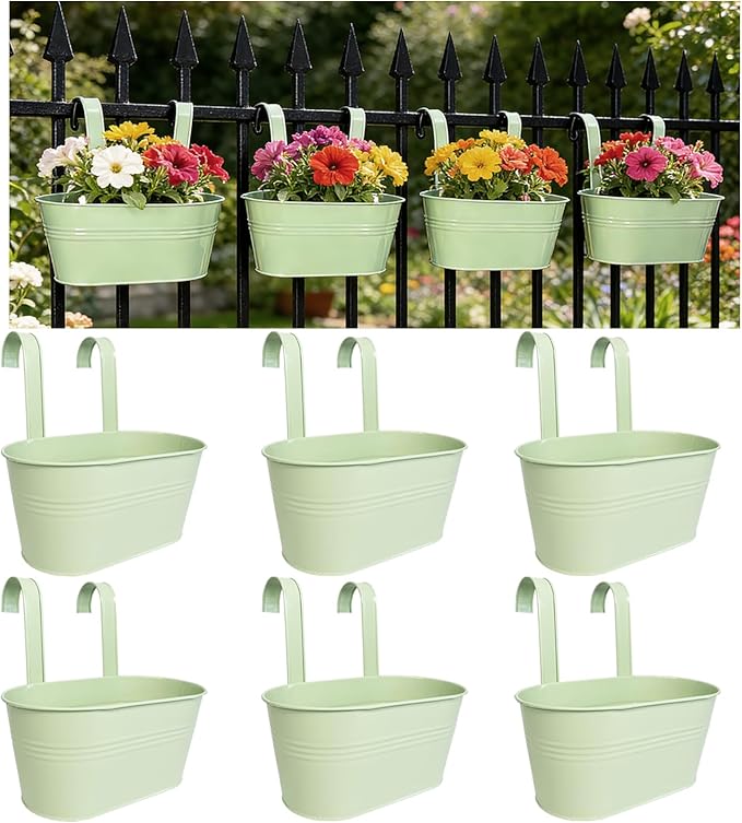 Balcony Hanging Planters Flower Pots, 10" Metal Flower Pots for Outdoor Balcony Rails, Fence Pot Hanging Plant Holders with Detachable Hooks for Garden Patio Yard Decor (Mint Green, 6Pcs)