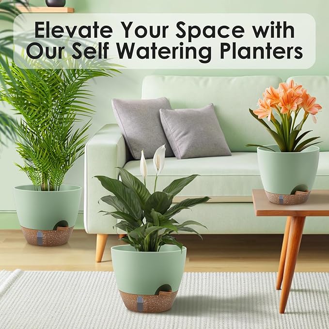 Self-Watering Plant Pots with Water Level Indicator, Drainage Holes & Saucers – 12/10/9 Inch Large Plastic Planter Set for Indoor & Outdoor Plants (Green)