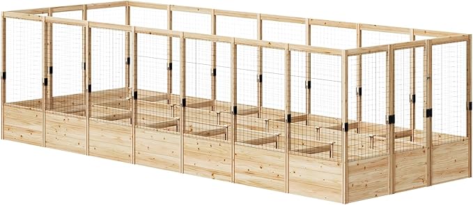 AMERLIFE Raised Garden Bed with Deer Proof Fence, 7.5Wx20Dx6H Outdoor Wooden Raised Garden Bed Planter with 19" Depth Planter Box