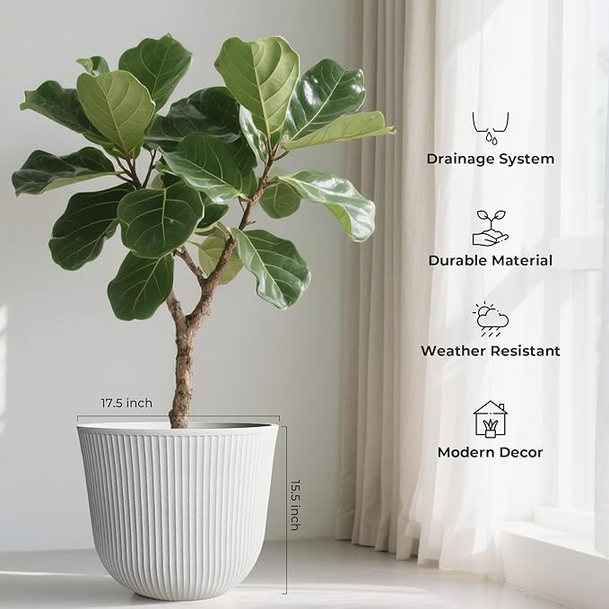 WORTH Garden Round Large Planter Pot Set of 2-17.5" Dia x 15.5" H - Durable Plastic White Plant Tree Pots with Vertical Stripe Textured Finish, Drainage Hole for Indoor, Outdoor, Front Porch, Patio
