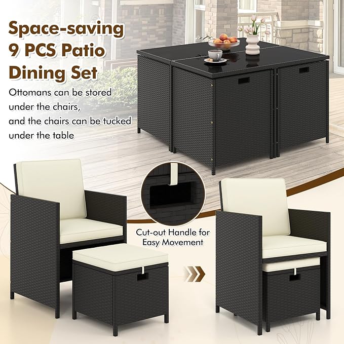 Tangkula 9 Pieces Outdoor Dining Furniture Set, Space-Saving Wicker Rattan Chairs & Tempered Glass Table with Ottomans, Cushioned Seat, Patio Conversation Set for Garden Yard Poolside
