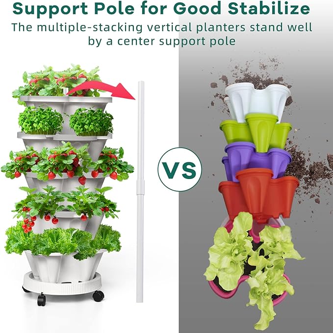 6 Tiered Strawberry Planters, Vertical Garden Tower, Stacking Planter with Support Pole, Stackable Herb Vegetable Planters Indoor and Outdoor - Black