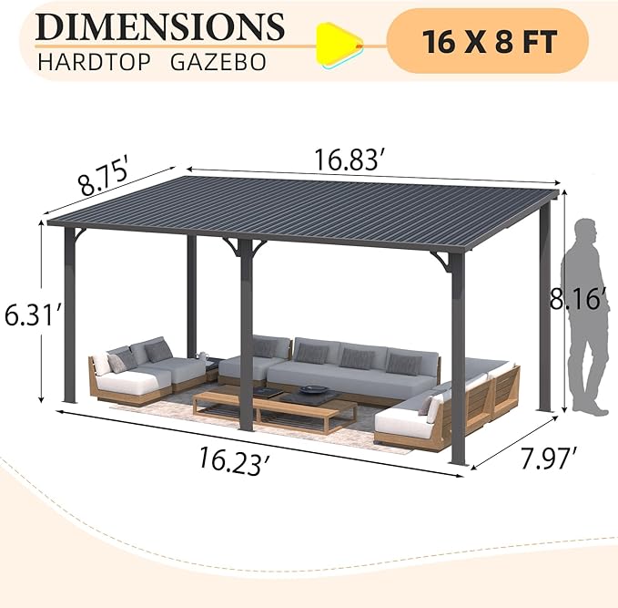 AECOJOY 8' x 16' Outdoor Hardtop Metal Gazebo for Patio, Large Lean to 16'x8' Galvanized Steel Wall Mounted Pergolas and Grill Gazebos Clearance, Patio Roof Heavy Duty Pergola Awnings for Decks