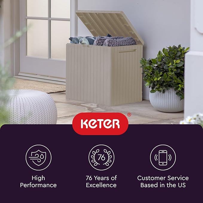 Keter City 30 Gallon Resin Outdoor Storage Box & Patio Side Table for Balcony, Pool, Deck & Garden Accessories, Weather‑Resistant, Beige