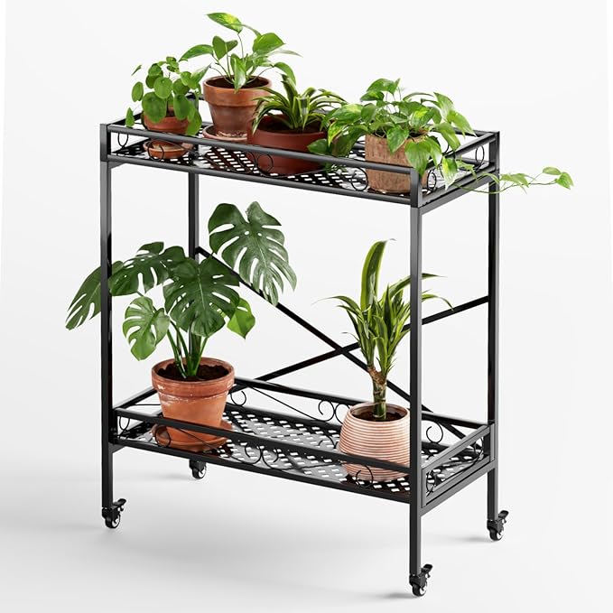 Zhongma 2 Tier Sturdy Metal Plant Stand with Wheels, 32.7x16x39.4 Inch High, Heavy Duty Succulent Shelf for Home Indoor and Outdoor, 440 LBS Capacity & Heavy Duty Construction