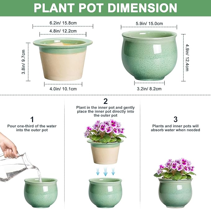 Ceramic Self Watering Pots, 6 Inch African Violet Pots with Absorbent Inner Pot, Round Self Watering Planter for Indoor Plants, Ceramic Pot for Plants, House Decor, Gifts for Women Men, Green