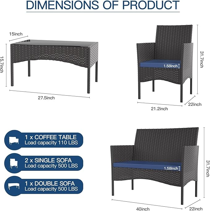 Kullavik 4 Pieces Outdoor Patio Furniture Set,PE Wicker Rattan Chairs Garden Conversation Sets with Tempered Glass Table and Soft Cushions for Lawn,Pool or Backyard,Navy Blue