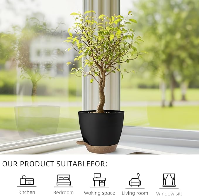 Plant Pots 8/7.5/7/6.5/6 Inch Self Watering Pots,5 Pack Planters with Drainage Holes and Saucers,Plastic Flower Pots,Nursery Planters for Indoor Outdoor Plants (Black)
