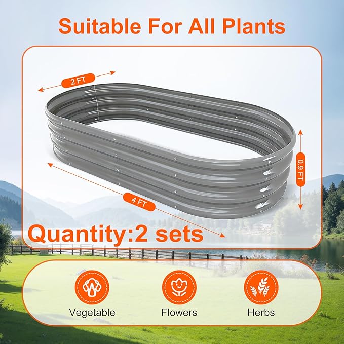 Raised Garden Bed Outdoor 2 Sets Oval Large Coating Metal Planter Box with No Heavy Metal for Vegetables, Flowers, Herbs