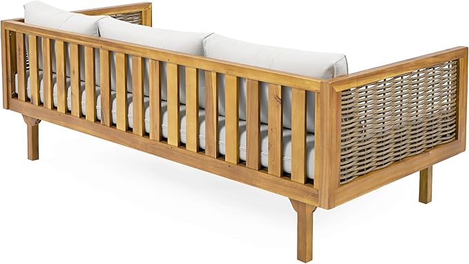 Merax 67.5" Outdoor Patio Daybed 3 Seater Sofa Bed,Acacia Wood Frame with Rattan Arm,Cushion & Pillow for Pool
