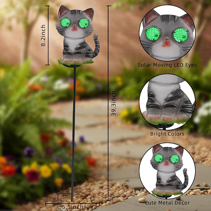 Cat Solar Garden Stakes 39.3inch with Decorative Green Moving LED Eyes, Cat Solar Lights Outdoor Garden Metal Yard Art for Outdoor Decor Lawn Ornament