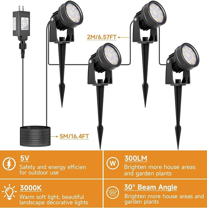 Warm White Spot Lights, Outdoor 3000K LED Spotlights, Outside Landscape Lighting IP65 Waterproof Garden Uplights for Lawn Front Porch Driveway Decorative, 4 Lights