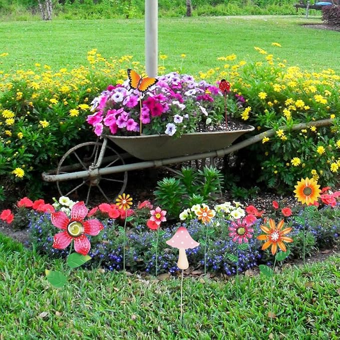 hogardeck Garden Decor for Outside, Set of 10 Metal Flowers Garden Stakes with Mushroom Butterfly Ladybug for Spring Decor, Yard Art Garden Decorations for Outdoor Lawn Porch Pathway (Multi-Color)