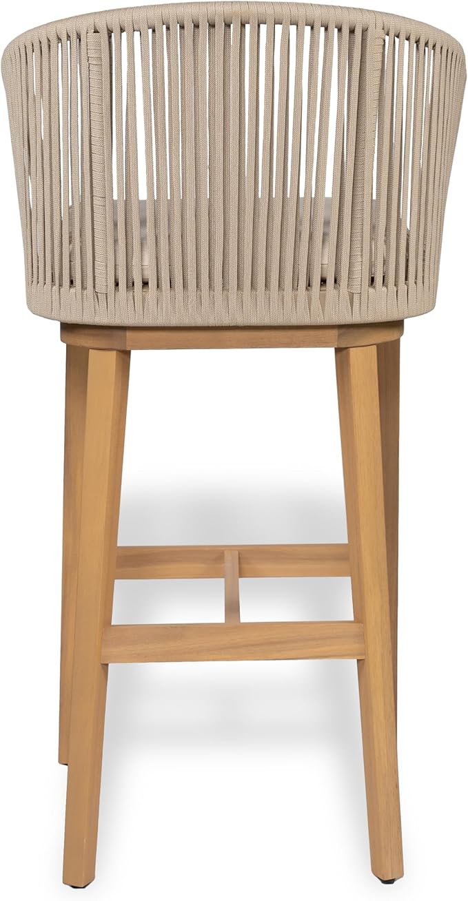 Christopher Knight Home Zax Set of 2 Patio Barstool, Acacia Wood & Rope Outdoor Counter Stool with Backrest/Footrest, Barstool Chairs with Cushion Seating for Backyard Balcony Garden, Beige + Teak