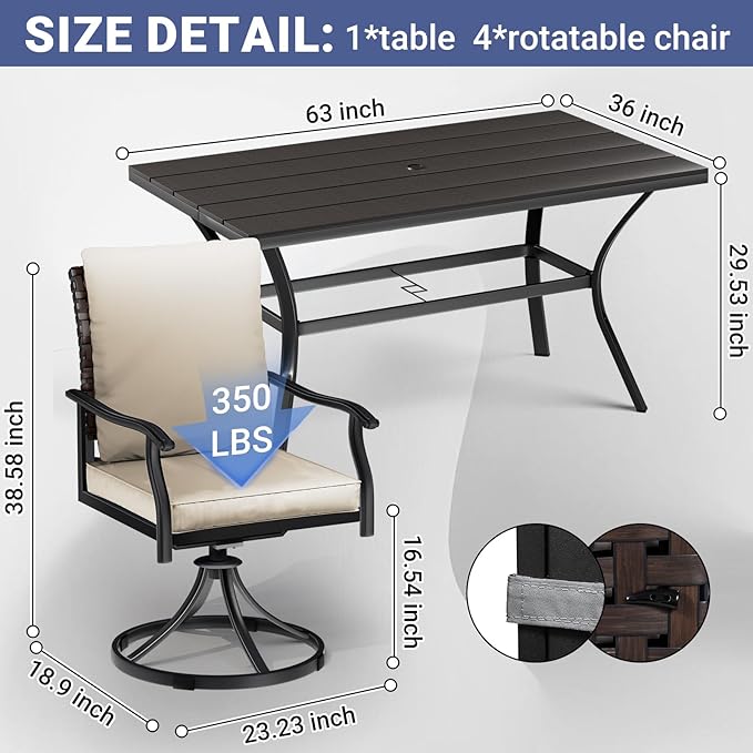 LEVELEVE 7 Piece Outdoor Patio Dining Set with 6 Swivel Dining Chairs & 1 Large Round Dining Table,Bistro Furniture Set for Lawn, Garden, Deck, Backyard and Porch