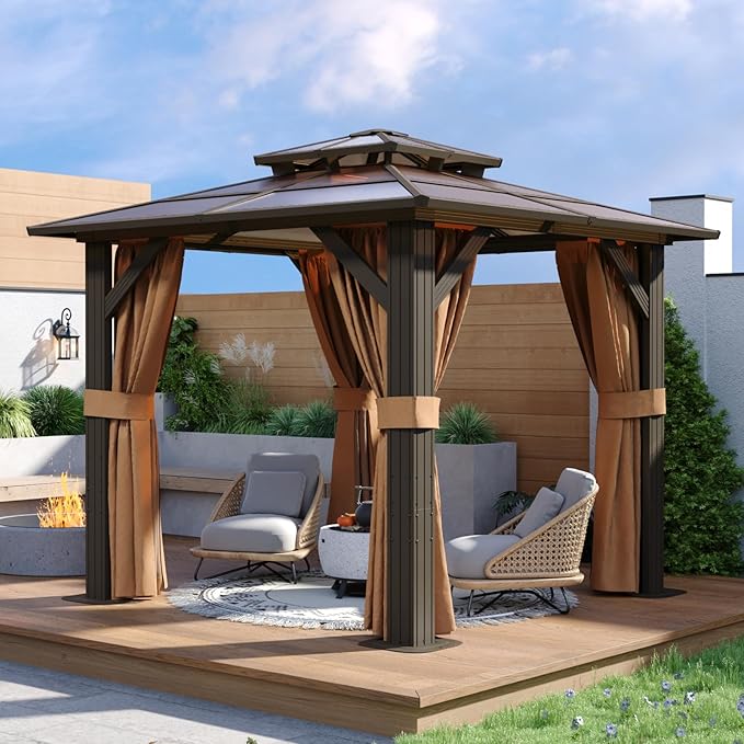 Aoxun 8'x8' Hardtop Gazebo, Aluminum Frame Permanent Pavilion with Curtains and Netting, Outdoor Polycarbonate Double Roof Canopy, Designed for Garden, Lawns, Patio, Brown