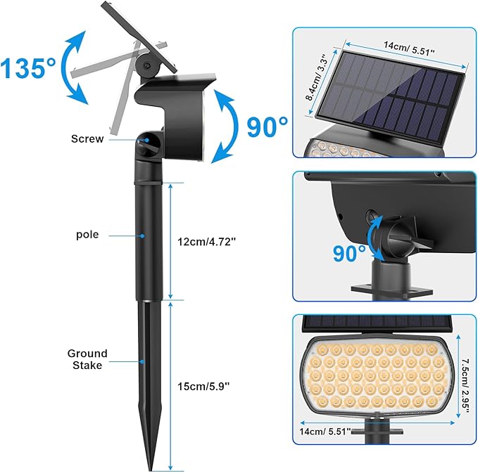 108 LED Solar Spot Lights Outdoor, Solar Lights Outdoor IP65 Waterproof, 3 Modes Solar Landscape Spotlights, Large Solar Powered Panel Lights for Garden Yard Pathway(Warm White/6 Pack)