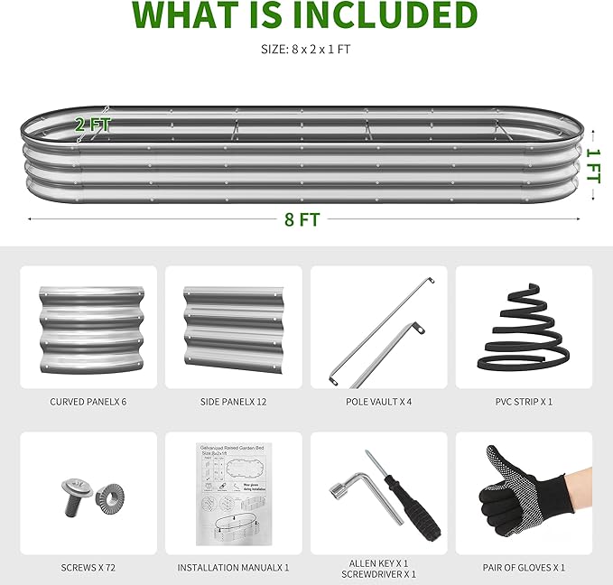 Galvanized Metal Raised Garden Bed Kit for Outdoor Planter Boxes with Easy Assembly,Oval Large Galvanized Gardening Raised Bed for Vegetables, Fruits, Flower (Silver, 8 * 2 * 1ft)