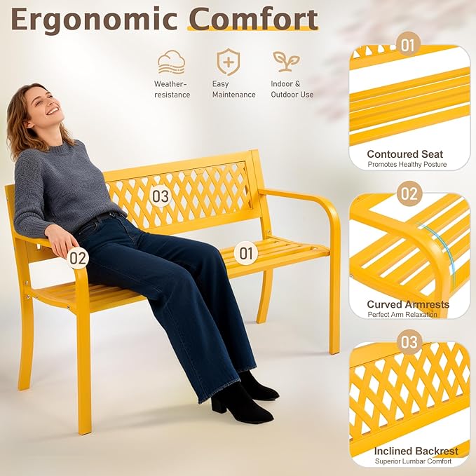 VINGLI 47'' Outdoor Bench, Weather Resistant Garden Patio Bench Powder Coated Iron Frame w/PVC Mesh Backrest Slatted Seat, 2-Person Outdoor Furniture for Front Porch Entryway Park (Yellow)