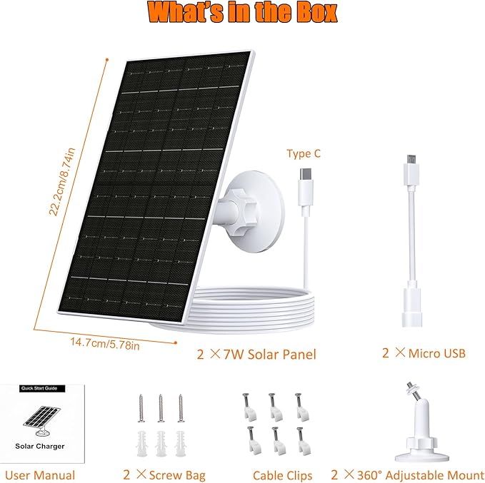 7W Solar Panel for Arlo Essential 2K (2nd Gen), Essential XL & Spotlight Cameras, USB-C Solar Charger for 5V Battery Cameras, IP66 Waterproof, 360° Adjustable Mount, 9.8ft Cable, 2 Pack