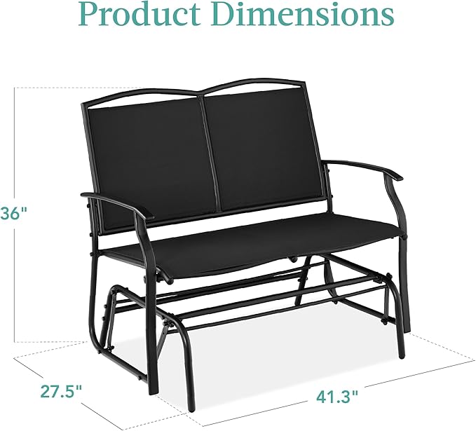 Best Choice Products 2-Person Outdoor Patio Swing Glider Steel Bench Loveseat Rocker for Deck, Porch w/Textilene Fabric, Steel Frame - Black