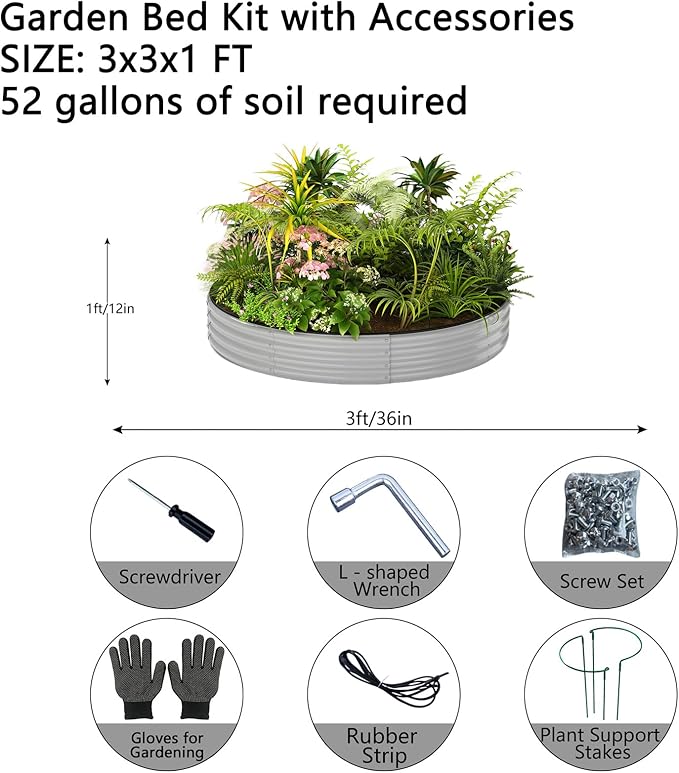 Galvanized Planter Outdoor Galvanized Metal Planter Round Raised Garden Bed Kit for Gardening Outdoor 1PC Gray 3X3X1FT