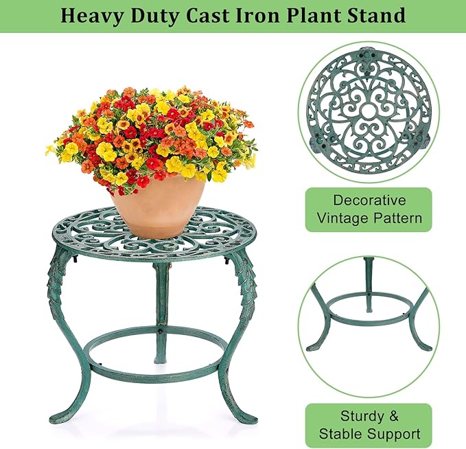 OwnMy Cast Iron Plant Stand Heavy Duty Vintage Wrought Iron Flower Pot Holder, Decorative Pedestal Potted Plant Rack, Indoor Metal Large Plant Stand for Outdoor Patio Garden Home, Antique Green