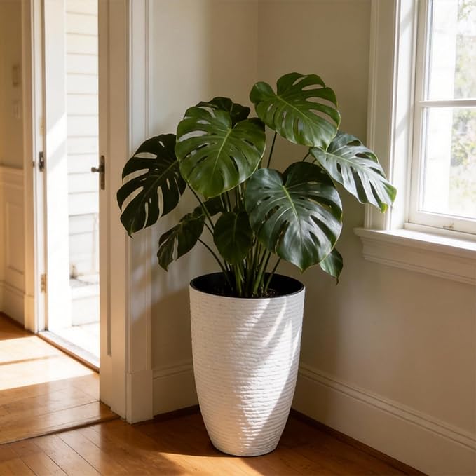 Worth Garden 2-Pack 21" H. White Tall Planters - 14'' Dia Resin Large Round Flower Pots for Outdoor Plants Trees - Imitation Stone Finish Plastic Indoor Front Porch 9 Gallon Decorative Container Patio