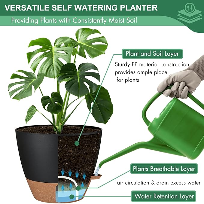 12/10/8 Inch Self Watering Pots for Indoor Plants Plastic Large Plant Pot for Outdoor Plants, Water Level Window & Spacious Reservoir Flower Pots Decorative Planter with Drainage and Tray (Black)