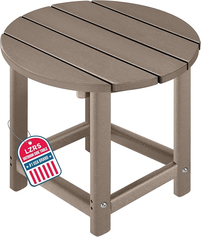 LZRS Round Adirondack Patio Side Table End Table, Outdoor Side Tables for Patio, Backyard,Pool, Indoor Companion, Easy Maintenance & Weather Resistant(Weather Wood)